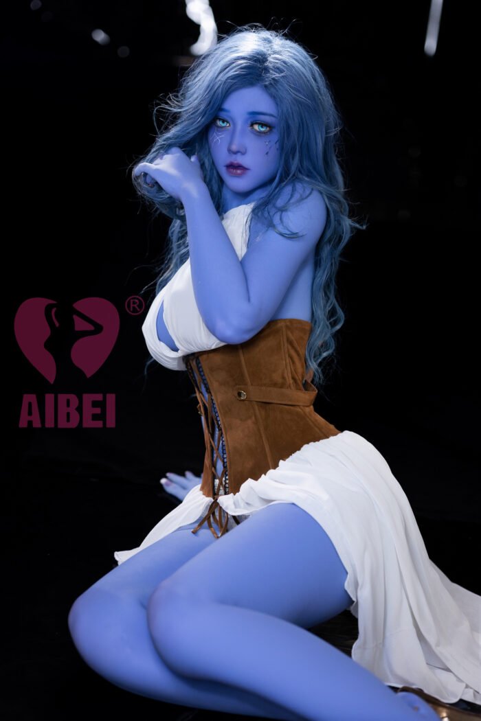 Elowen blue elf customizable TPE head option with long blue-gray hair and facial markings, shown on a doll body